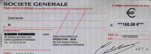 cheque 100 euros Prizee